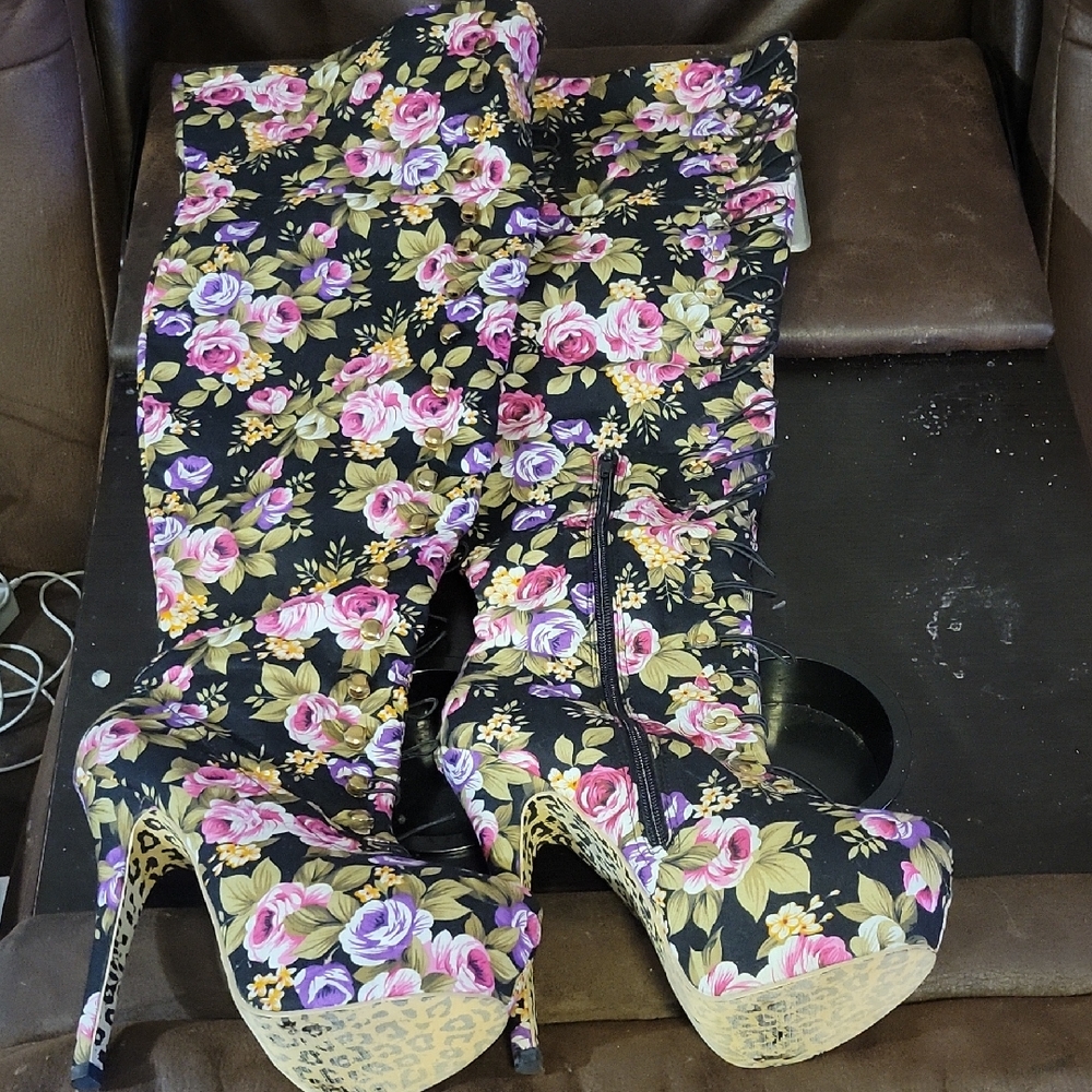 Floral High Heel Boots